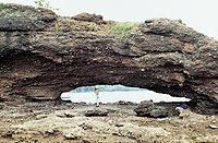 A bridge-like feature that results when erosion penetrates a narrow headland or ridge from two directions, most commonly when caves developing from two directions along a line of weakness meet. Arches may be at, or above, sea level.